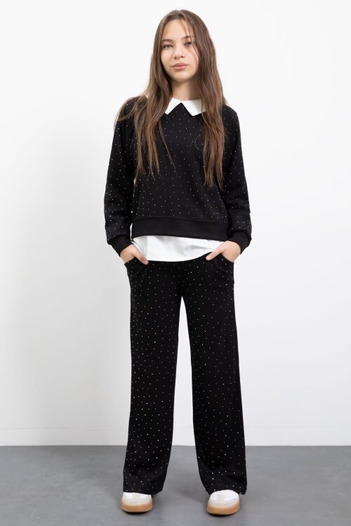 Siyah Taş Detaylı  Pantolonlu Kız Çocuk 3lü Gömlekli Takım  23477