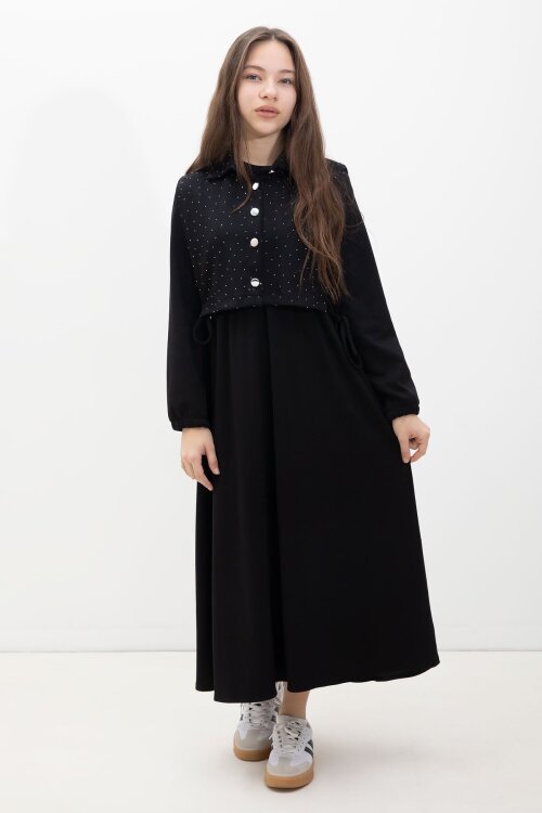 Siyah Taşlı Bağlamalı Yelekli Kız Çocuk Uzun Kol Elbise Takımı 23637