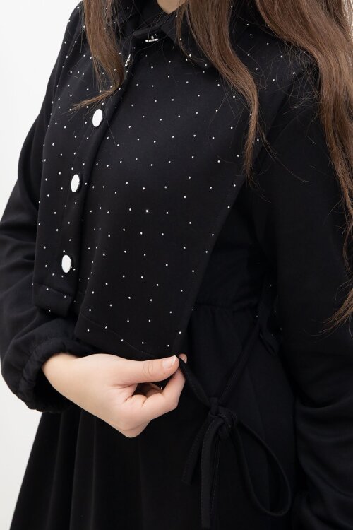 Siyah Taşlı Bağlamalı Yelekli Kız Çocuk Uzun Kol Elbise Takımı 23637