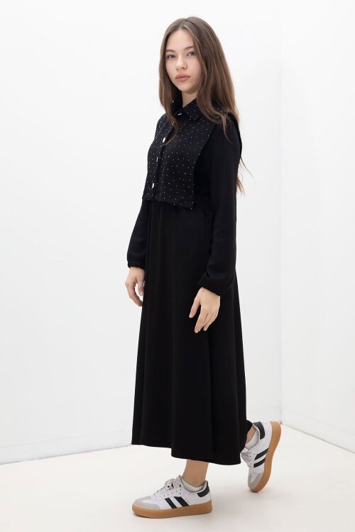 Siyah Taşlı Bağlamalı Yelekli Kız Çocuk Uzun Kol Elbise Takımı 23637