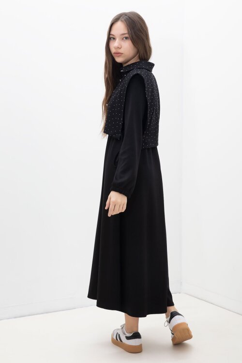 Siyah Taşlı Bağlamalı Yelekli Kız Çocuk Uzun Kol Elbise Takımı 23637