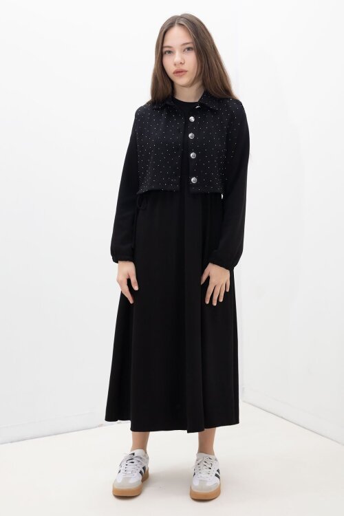 Siyah Taşlı Bağlamalı Yelekli Kız Çocuk Uzun Kol Elbise Takımı 23637