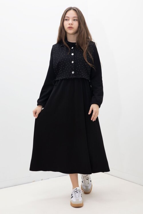 Siyah Taşlı Bağlamalı Yelekli Kız Çocuk Uzun Kol Elbise Takımı 23637