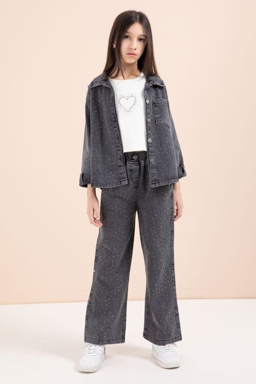 Siyah Taşlı Jean Gömlekli Kız Çocuk Geniş Paça 3lü Jean Takım 23440