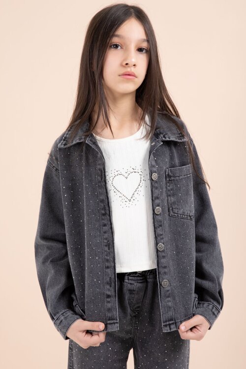 Siyah Taşlı Jean Gömlekli Kız Çocuk Geniş Paça 3lü Jean Takım 23440