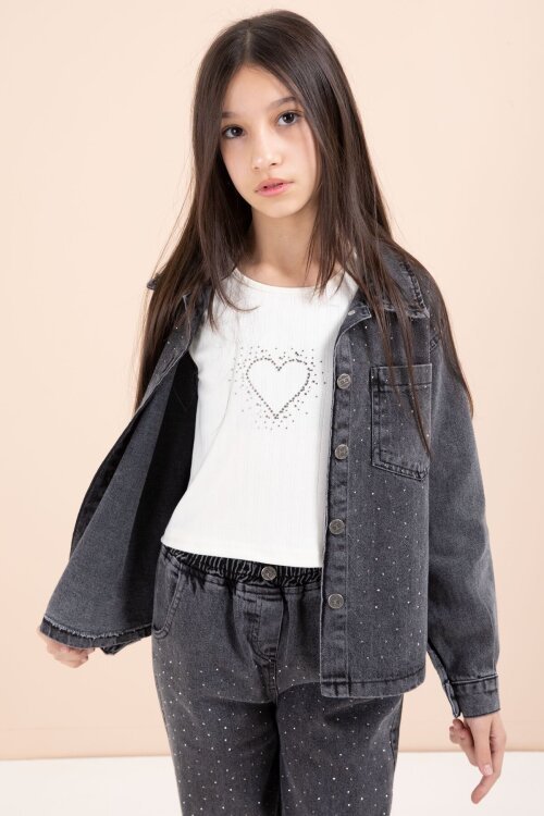 Siyah Taşlı Jean Gömlekli Kız Çocuk Geniş Paça 3lü Jean Takım 23440