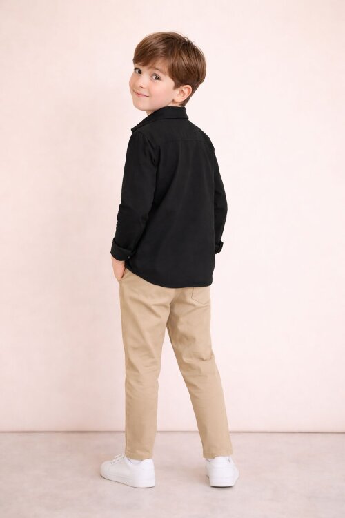 Siyah Uzun Kol Düğmeli Gömlekli Tişörtlüi Erkek Çocuk 3lü Pantolonlu Takım  23755