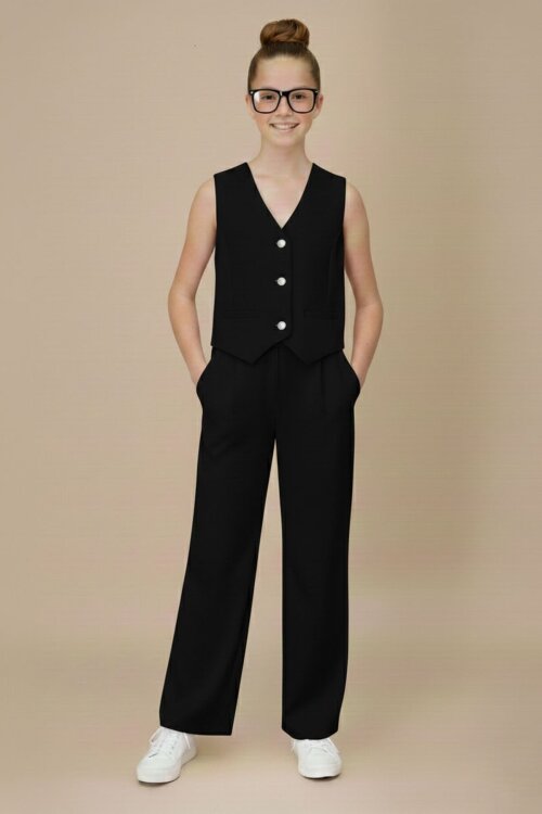 Siyah V Yaka Düğmeli Yelekli Geniş Paça Pantolonlu Kız Çocuk 2li Takım 20723