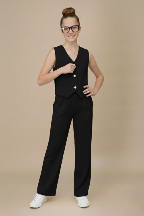 Siyah V Yaka Düğmeli Yelekli Geniş Paça Pantolonlu Kız Çocuk 2li Takım 20723