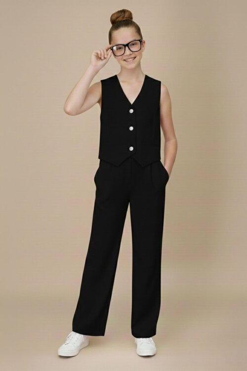 Siyah V Yaka Düğmeli Yelekli Geniş Paça Pantolonlu Kız Çocuk 2li Takım 20723