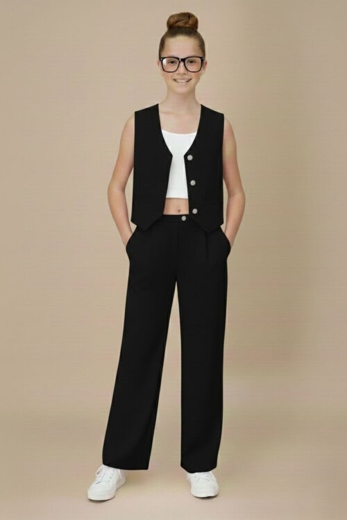 Siyah V Yaka Düğmeli Yelekli Geniş Paça Pantolonlu Kız Çocuk 2li Takım 20723
