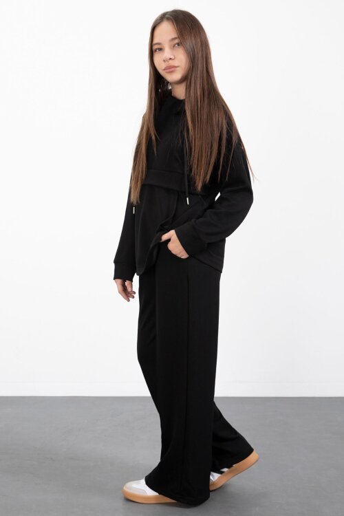 Siyah Yarım Fermuarlı Kapüşonlu Kız Çocuk Geniş Paça Eşofman Takımı 23408