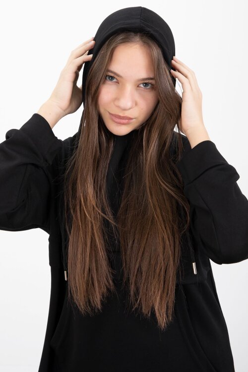 Siyah Yarım Fermuarlı Kapüşonlu Kız Çocuk Geniş Paça Eşofman Takımı 23408