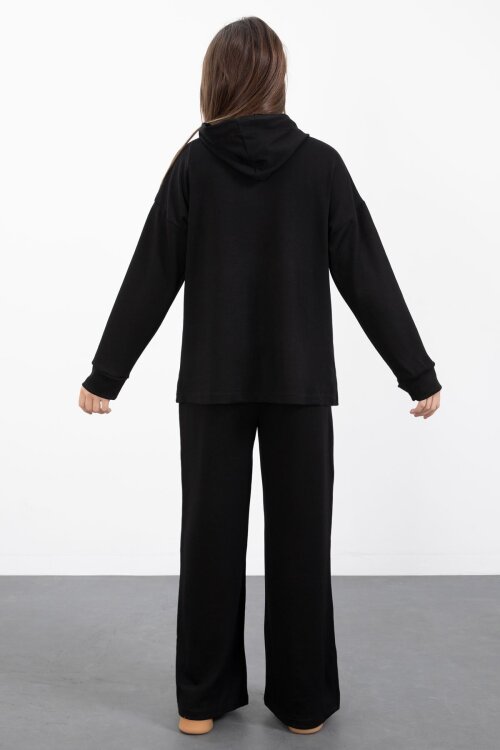 Siyah Yarım Fermuarlı Kapüşonlu Kız Çocuk Geniş Paça Eşofman Takımı 23408