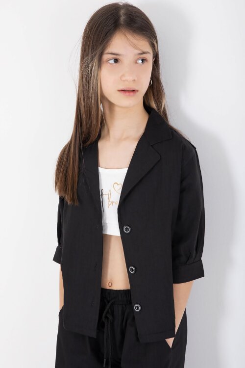 Siyah Yarım Kol Kız Çocuk 3lü Croplu Takım 20322