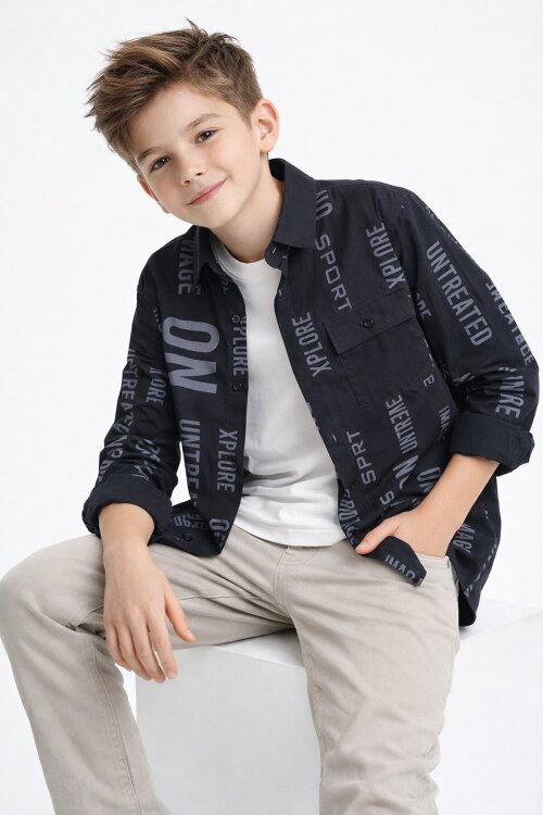 Siyah Yazı Baskılı Gömlek Beyaz Tişörtlü Erkek Çocuk 2li Takım 20136