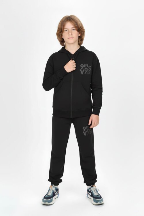Siyah Yazı Baskılı Kapüşonlu Hırkalı Erkek Çocuk Eşofman Takımı 19226
