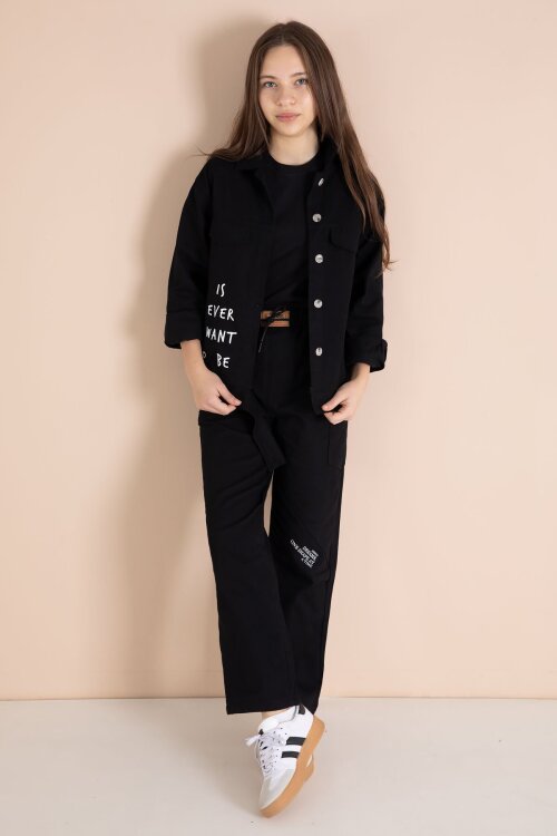 Siyah Yazı Detaylı Gömlekli Kız Çocuk Pantolonlu Gabardin Takım 23563