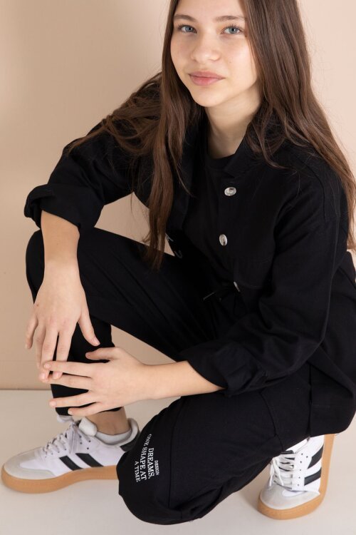 Siyah Yazı Detaylı Gömlekli Kız Çocuk Pantolonlu Gabardin Takım 23563