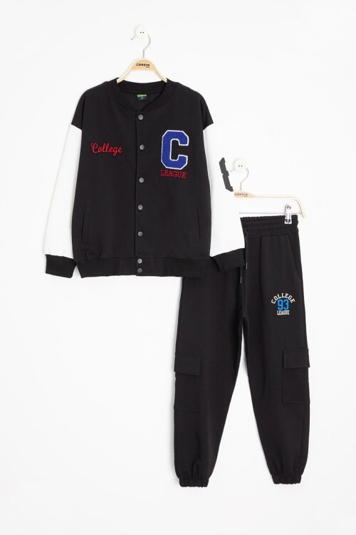 Siyah Yazı Nakışlı Kolej Ceketli Erkek Çocuk Eşofman Takımı 21222