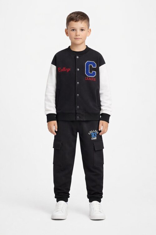 Siyah Yazı Nakışlı Kolej Ceketli Erkek Çocuk Eşofman Takımı 21222