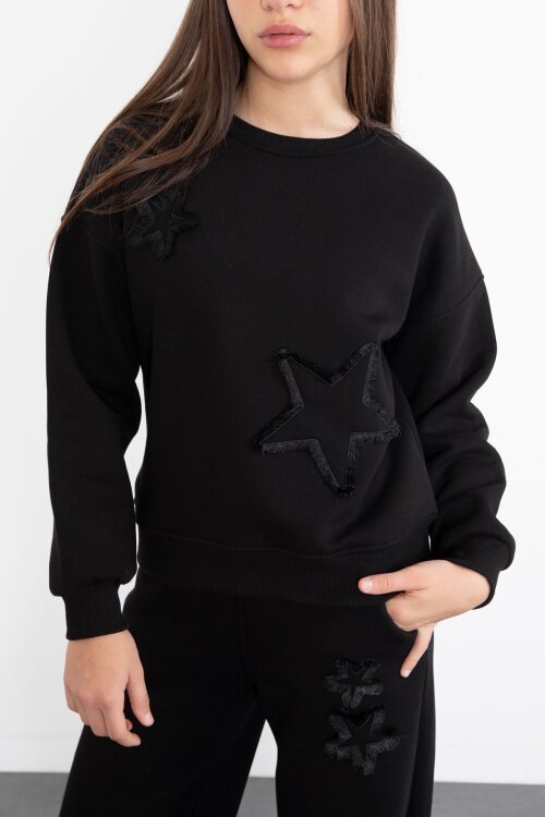 Siyah Yıldız Desenli Geniş Paça Şardonlu Kız Çocuk Eşofman Takımı 23361