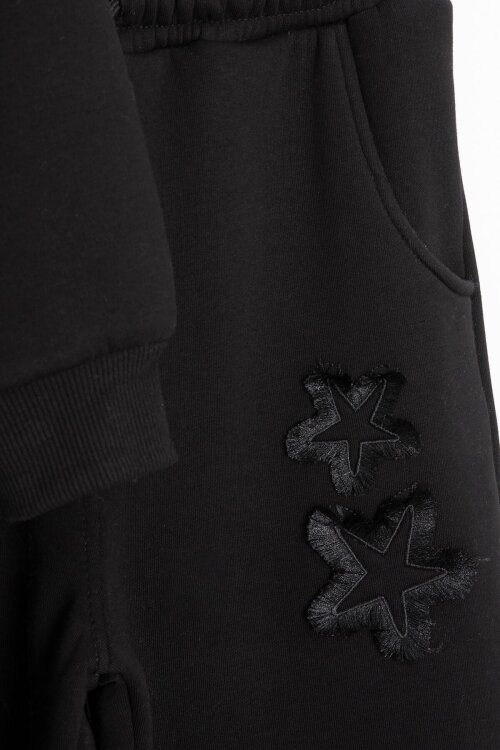 Siyah Yıldız Desenli Geniş Paça Şardonlu Kız Çocuk Eşofman Takımı 23361