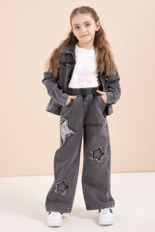 Siyah Yıldız Nakışlı Ceketli  Kız Çocuk 3lü Jean Takım 23444