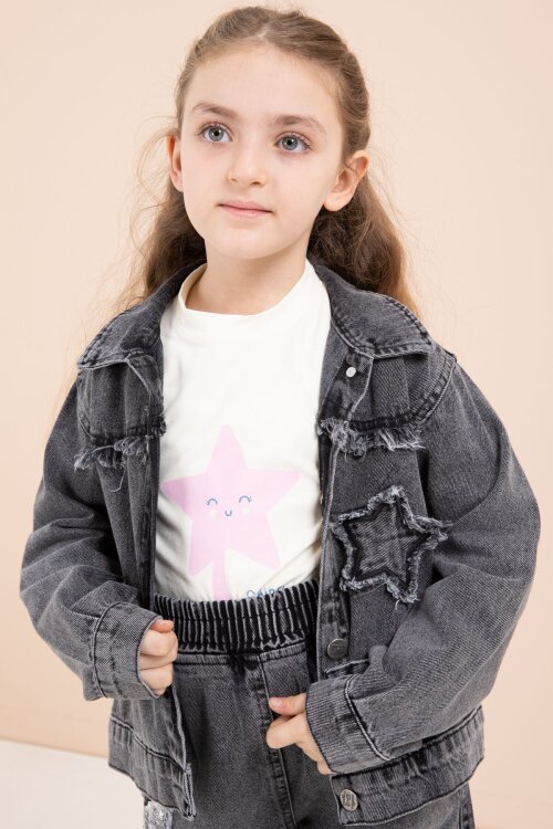 Siyah Yıldız Nakışlı Ceketli  Kız Çocuk 3lü Jean Takım 23444