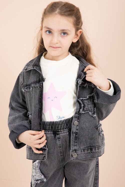 Siyah Yıldız Nakışlı Ceketli  Kız Çocuk 3lü Jean Takım 23444