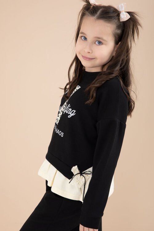 Siyah Yırtmaçlı Pantolonlu Fiyonklu Yazılı Badili Kız Çocuk 2li Takım 23595