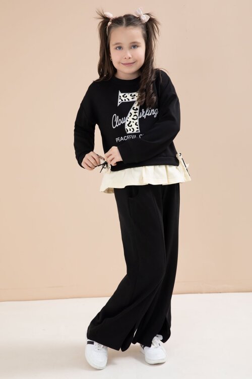 Siyah Yırtmaçlı Pantolonlu Fiyonklu Yazılı Badili Kız Çocuk 2li Takım 23595
