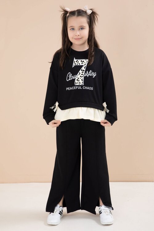 Siyah Yırtmaçlı Pantolonlu Fiyonklu Yazılı Badili Kız Çocuk 2li Takım 23595
