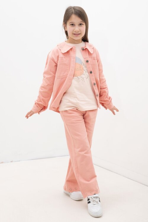Somon Çiçek Yaka Detaylı Ceketli Kız Çocuk Pantolonlu 3lü Takım 23631