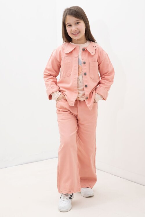 Somon Çiçek Yaka Detaylı Ceketli Kız Çocuk Pantolonlu 3lü Takım 23631