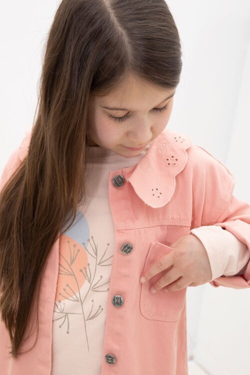 Somon Çiçek Yaka Detaylı Ceketli Kız Çocuk Pantolonlu 3lü Takım 23631