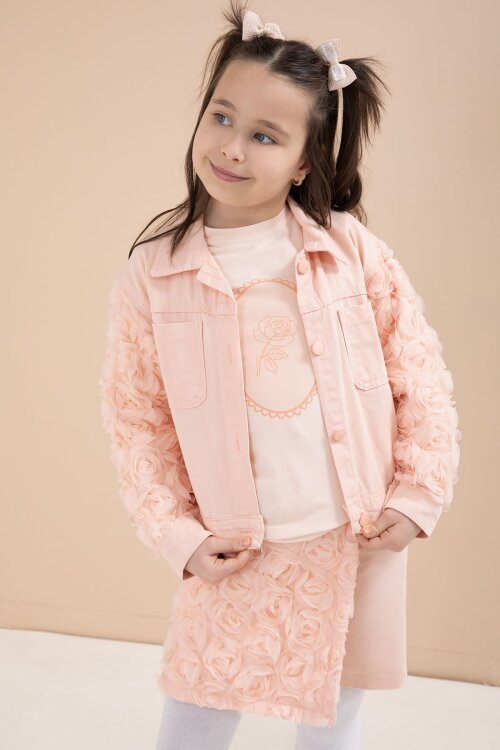 Somon Gül Detaylı Şort Etekli ve Ceketli Kız Çocuk 3lü Badili Takım 23610