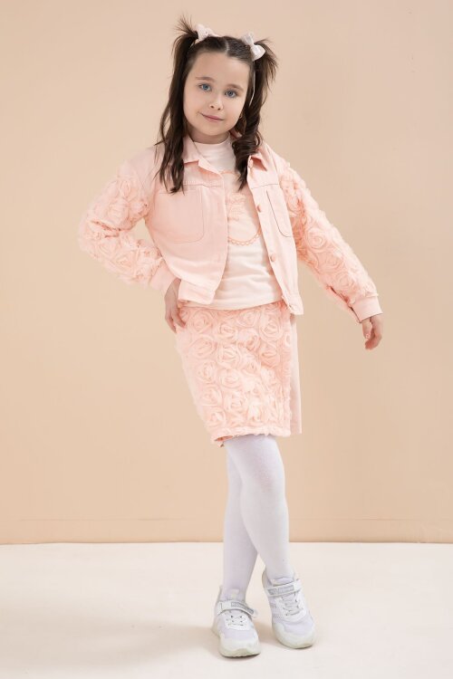 Somon Gül Detaylı Şort Etekli ve Ceketli Kız Çocuk 3lü Badili Takım 23610