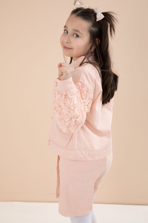 Somon Gül Detaylı Şort Etekli ve Ceketli Kız Çocuk 3lü Badili Takım 23610