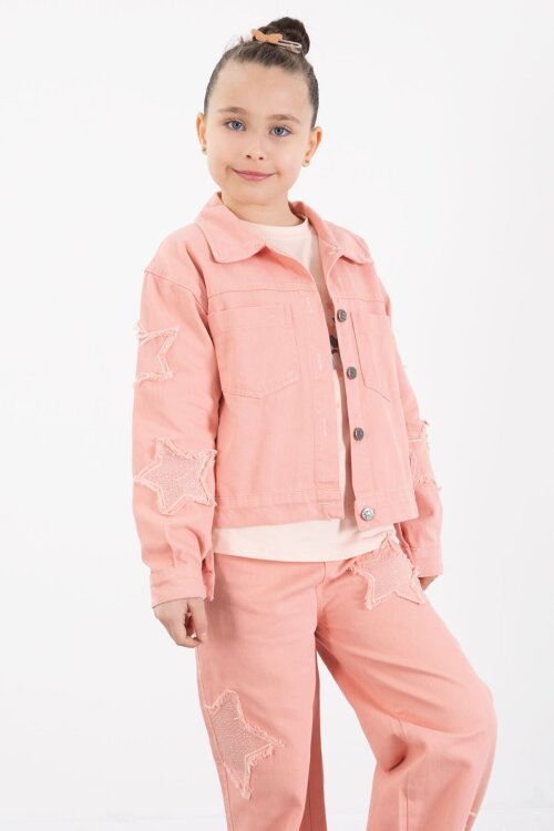 Somon Kolları Star Taşlı Jean Ceketli Kız Çocuk 3lü Alt Üst Takım 23426