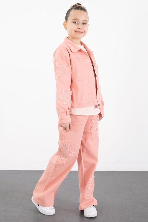 Somon Kolları Star Taşlı Jean Ceketli Kız Çocuk 3lü Alt Üst Takım 23426