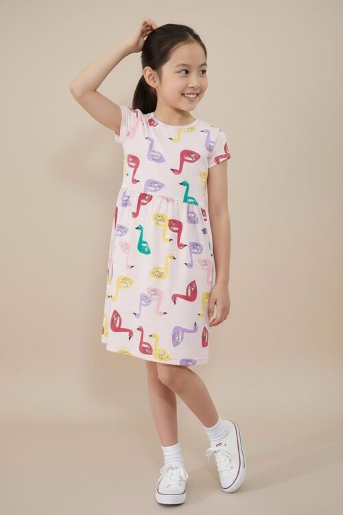 Somon Kuğu Baskılı Kısa Kollu Kız Çocuk Yazlık Elbise