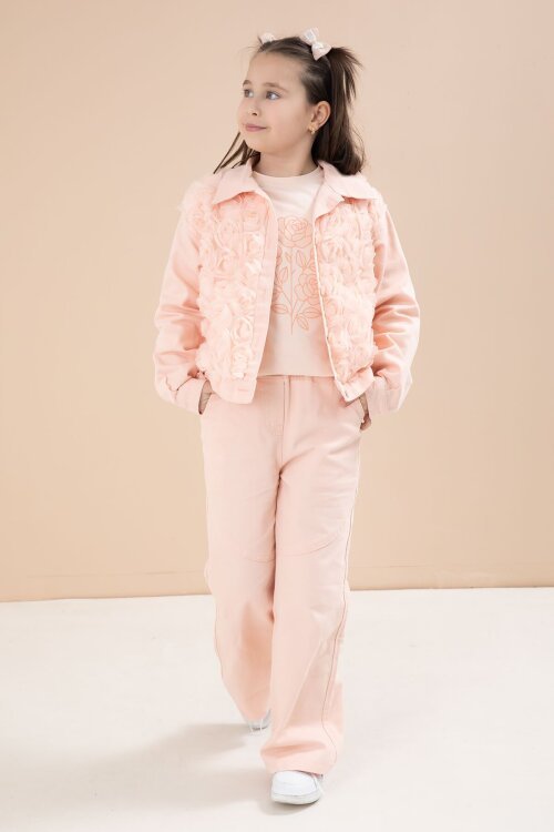 Somon Önü Gül İşlemeli Ceketli Kız Çocuk Pantolonlu 3lü Alt Üst Takım 23607