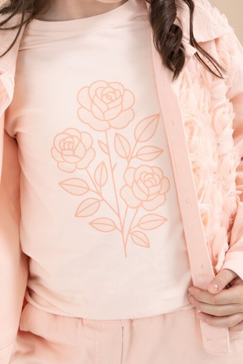 Somon Önü Gül İşlemeli Ceketli Kız Çocuk Pantolonlu 3lü Alt Üst Takım 23607