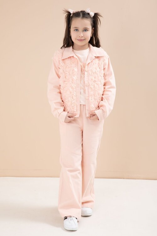 Somon Önü Gül İşlemeli Ceketli Kız Çocuk Pantolonlu 3lü Alt Üst Takım 23607