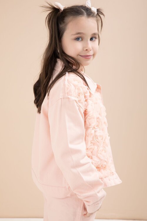 Somon Önü Gül İşlemeli Ceketli Kız Çocuk Pantolonlu 3lü Alt Üst Takım 23607