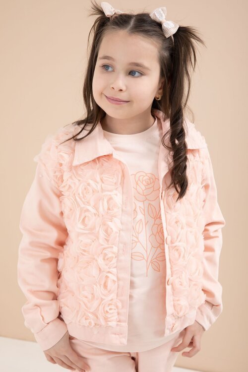 Somon Önü Gül İşlemeli Ceketli Kız Çocuk Pantolonlu 3lü Alt Üst Takım 23607