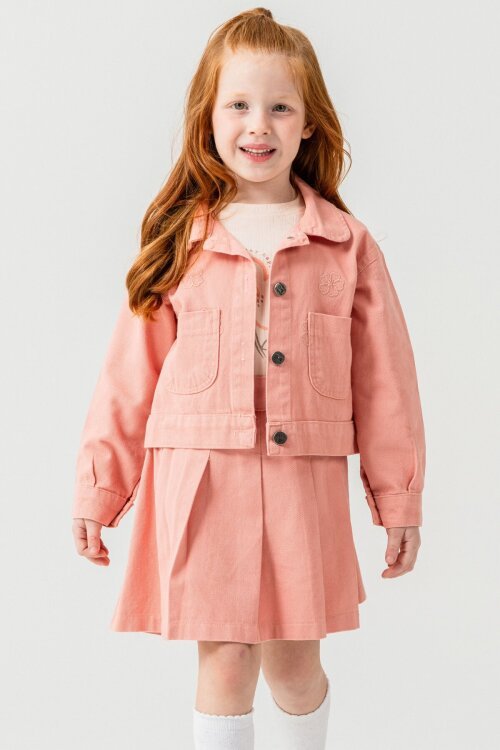 Somon Papatya Nakışlı Ceketli Kız Çocuk Jean Ceketli 3lü Takım 23433