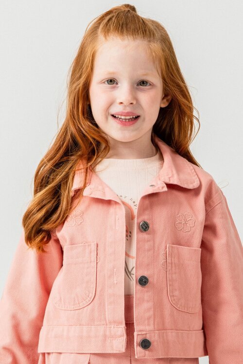 Somon Papatya Nakışlı Ceketli Kız Çocuk Jean Ceketli 3lü Takım 23433