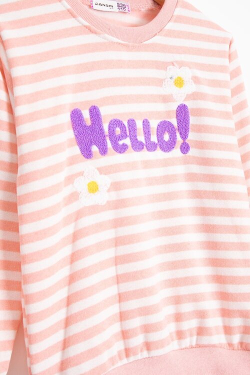 Somon Papatya Nakışlı Çizgili Kız Çocuk Takım 23352